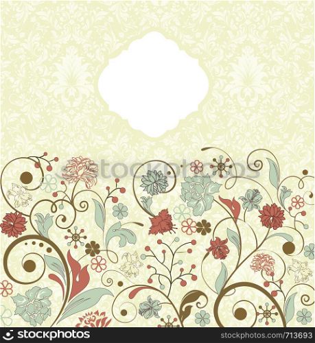Vintage invitation card with ornate elegant retro abstract floral design, multi-colored flowers and leaves on pale yellow and white background. Vector illustration.