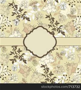Vintage invitation card with ornate elegant retro abstract floral design, multi-colored flowers and leaves on light yellow background with ribbon and plaque text label. Vector illustration.