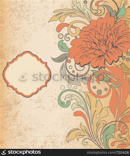 Vintage invitation card with ornate elegant retro abstract floral design, multi-colored flowers and leaves on textured orange background with plaque text label. Vector illustration.