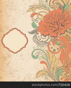 Vintage invitation card with ornate elegant retro abstract floral design, multi-colored flowers and leaves on textured orange background with plaque text label. Vector illustration.