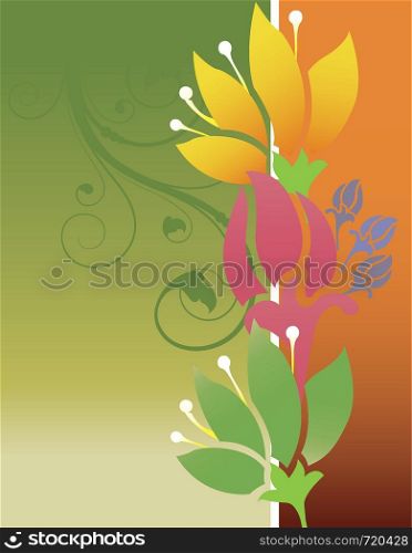 Vintage invitation card with ornate elegant retro abstract floral design, multi-colored flowers and leaves on green and orange background with text label. Vector illustration.