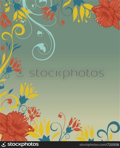 Vintage invitation card with ornate elegant retro abstract floral design, multi-colored flowers and leaves on pale blue and yellow background with plaque text label. Vector illustration.