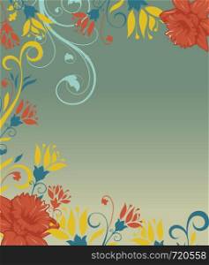 Vintage invitation card with ornate elegant retro abstract floral design, multi-colored flowers and leaves on pale blue and yellow background with plaque text label. Vector illustration.
