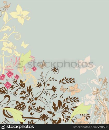 Vintage invitation card with ornate elegant retro abstract floral design, multi-colored flowers and leaves on pale green background with butterflies and text label. Vector illustration.