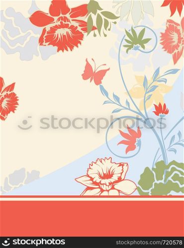 Vintage invitation card with ornate elegant retro abstract floral design, multi-colored flowers and leaves on pale yellow and blue background with orange ribbon text label. Vector illustration.