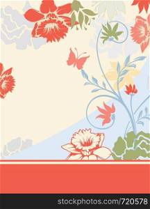 Vintage invitation card with ornate elegant retro abstract floral design, multi-colored flowers and leaves on pale yellow and blue background with orange ribbon text label. Vector illustration.