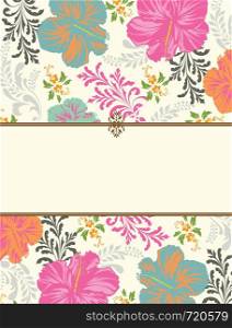Vintage invitation card with ornate elegant retro abstract floral design, multi-colored flowers and leaves on beige background with ribbon text label. Vector illustration.