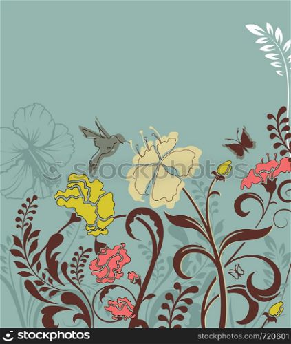 Vintage invitation card with ornate elegant retro abstract floral design, multi-colored flowers and leaves on laurel green background with text label. Vector illustration.