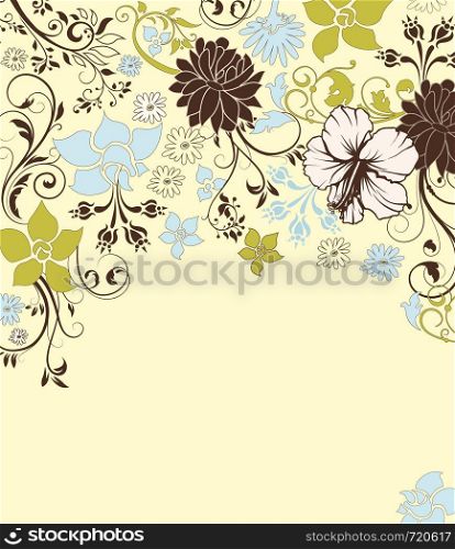 Vintage invitation card with ornate elegant retro abstract floral design, multi-colored flowers and leaves on pale yellow background with text label. Vector illustration.