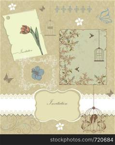 Vintage invitation card with ornate elegant retro abstract floral design, multi-colored flowers and leaves on beige background with birds and butterflies and text label. Vector illustration.