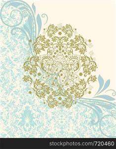 Vintage invitation card with ornate elegant retro abstract floral design, olive green and light blue flowers and leaves on white background with text label. Vector illustration.