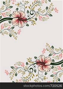 Vintage invitation card with ornate elegant retro abstract floral design, orange pink flowers and dark green and olive green leaves on white background with text label. Vector illustration.