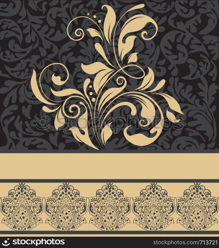 Vintage invitation card with ornate elegant retro abstract floral design, pale orange flowers and leaves on gray and black background with ribbon text label. Vector illustration.