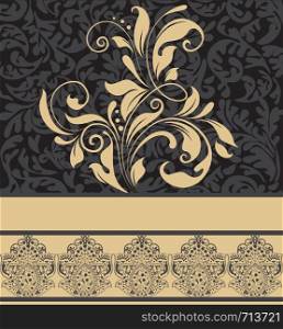 Vintage invitation card with ornate elegant retro abstract floral design, pale orange flowers and leaves on gray and black background with ribbon text label. Vector illustration.