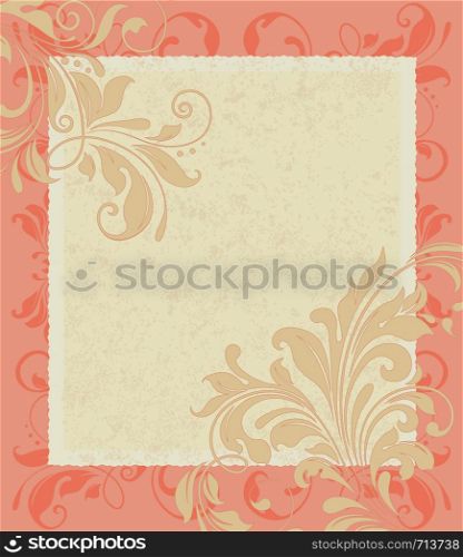 Vintage invitation card with ornate elegant retro abstract floral design, pale orange and orange flowers and leaves on pale yellow and light orange background with frame border and text label. Vector illustration.
