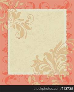 Vintage invitation card with ornate elegant retro abstract floral design, pale orange and orange flowers and leaves on pale yellow and light orange background with frame border and text label. Vector illustration.