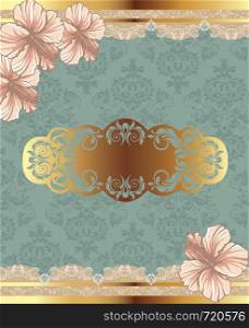 Vintage invitation card with ornate elegant retro abstract floral design, peach and yellow gold flowers and leaves on laurel green background with text label. Vector illustration.