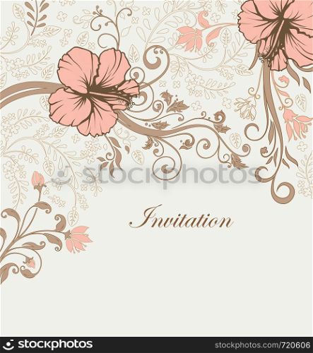 Vintage invitation card with ornate elegant retro abstract floral design, peach and light brown flowers and leaves on pale green background with text label. Vector illustration.