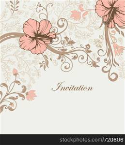 Vintage invitation card with ornate elegant retro abstract floral design, peach and light brown flowers and leaves on pale green background with text label. Vector illustration.