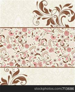 Vintage invitation card with ornate elegant retro abstract floral design, pink and chocolate brown flowers and leaves on faded green and white background. Vector illustration.