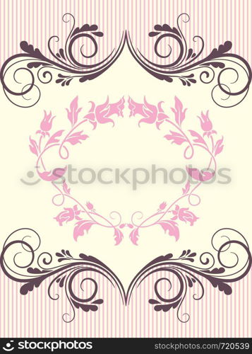 Vintage invitation card with ornate elegant retro abstract floral design, pink and grayish pink flowers and leaves on pale pink background with text label. Vector illustration.