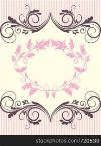 Vintage invitation card with ornate elegant retro abstract floral design, pink and grayish pink flowers and leaves on pale pink background with text label. Vector illustration.
