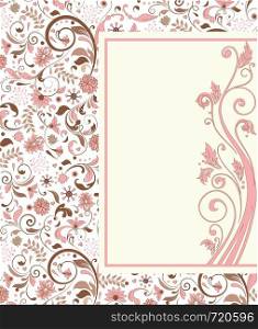 Vintage invitation card with ornate elegant retro abstract floral design, pink and brown flowers and leaves on white background with frame border text label. Vector illustration.