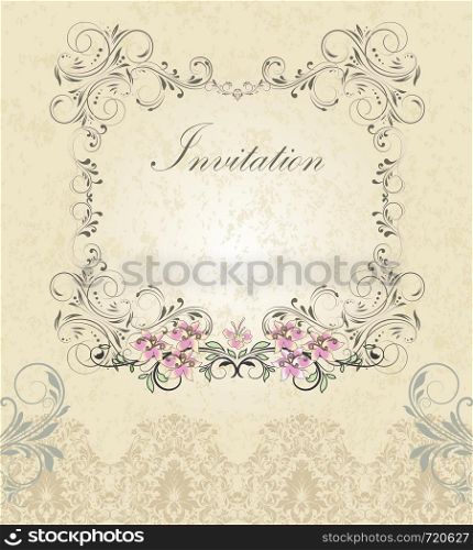 Vintage invitation card with ornate elegant retro abstract floral design, pink and black flowers and leaves on pale yellow background with text label. Vector illustration.