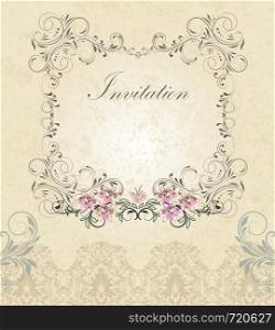 Vintage invitation card with ornate elegant retro abstract floral design, pink and black flowers and leaves on pale yellow background with text label. Vector illustration.