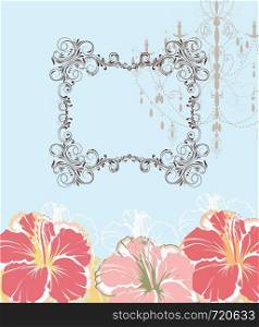 Vintage invitation card with ornate elegant retro abstract floral design, pink and light red flowers on light blue background with chandelier and frame border text label. Vector illustration.