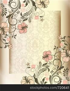 Vintage invitation card with ornate elegant retro abstract floral design, pink and beige flowers and gray leaves on shiny beige and light brown background with frame border text label. Vector illustration.