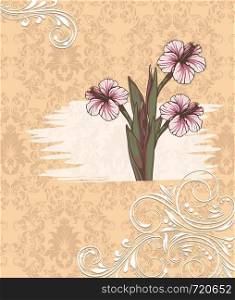 Vintage invitation card with ornate elegant retro abstract floral design, pink and white flowers and leaves on gray and beige background with text label. Vector illustration.