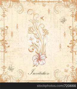 Vintage invitation card with ornate elegant retro abstract floral design, pink and light brown flowers and leaves on scratch textured beige background with lanterns butterflies birds and text label. Vector illustration.