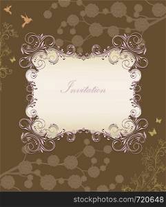 Vintage invitation card with ornate elegant retro abstract floral design, pink brownish green and grayish light brown flowers and leaves on chocolate brown background with birds butterflies and plaque text label. Vector illustration.