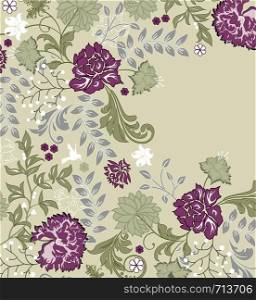 Vintage invitation card with ornate elegant retro abstract floral design, purple and green flowers and leaves on pale green background. Vector illustration.