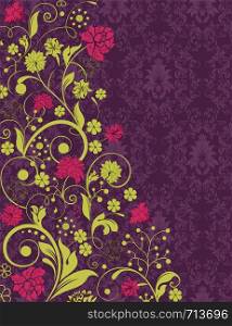 Vintage invitation card with ornate elegant retro abstract floral design, red and yellow green flowers and leaves on dark purple background. Vector illustration.
