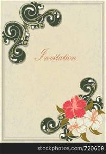 Vintage invitation card with ornate elegant retro abstract floral design, red pale yellow and dark olive green flowers and leaves on grayish green background with frame border and text label. Vector illustration.