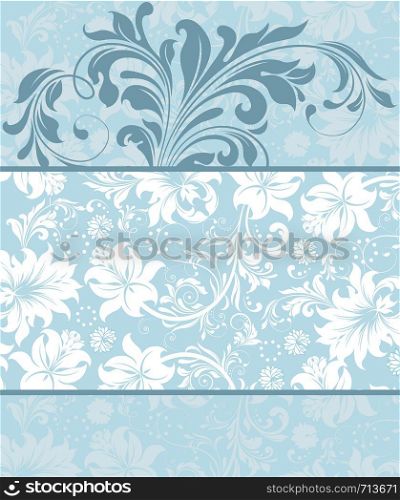Vintage invitation card with ornate elegant retro abstract floral design, teal blue and white flowers and leaves on light blue background. Vector illustration.