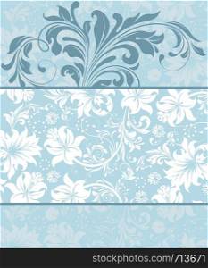 Vintage invitation card with ornate elegant retro abstract floral design, teal blue and white flowers and leaves on light blue background. Vector illustration.