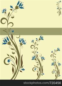 Vintage invitation card with ornate elegant retro abstract floral design, teal blue and olive green flowers and leaves on light yellow background with ribbon text label. Vector illustration.