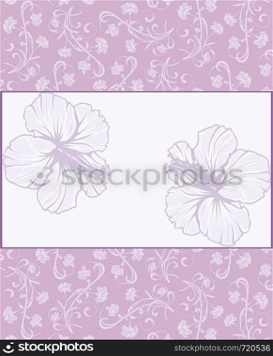 Vintage invitation card with ornate elegant retro abstract floral design, violet and white flowers on pale purple background with rectangular text label. Vector illustration.