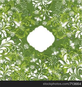 Vintage invitation card with ornate elegant retro abstract floral design, white and yellow green flowers and leaves on green background. Vector illustration.
