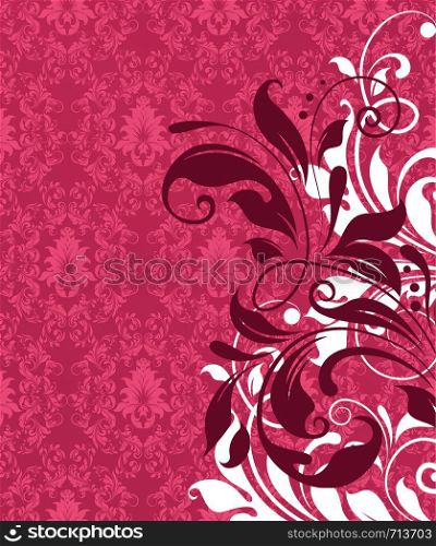 Vintage invitation card with ornate elegant retro abstract floral design, white and dark red flowers and leaves on red and dark pink background. Vector illustration.