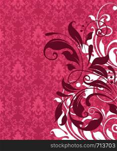 Vintage invitation card with ornate elegant retro abstract floral design, white and dark red flowers and leaves on red and dark pink background. Vector illustration.