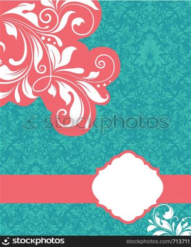 Vintage invitation card with ornate elegant retro abstract floral design, white and coral pink flowers and leaves on aquamarine green background with ribbon and plaque text label. Vector illustration.