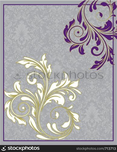 Vintage invitation card with ornate elegant retro abstract floral design, white and violet flowers and leaves on gray background with text label. Vector illustration.