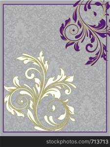Vintage invitation card with ornate elegant retro abstract floral design, white and violet flowers and leaves on gray background with text label. Vector illustration.