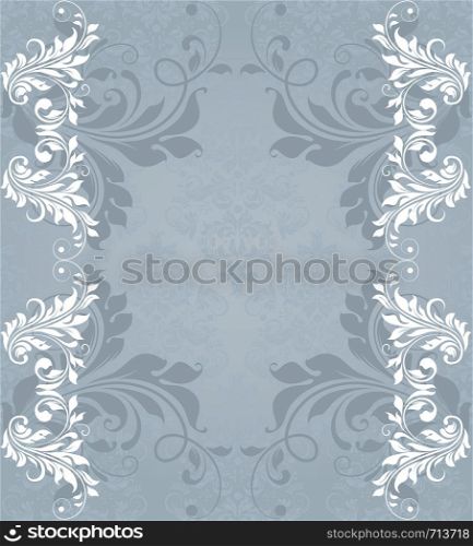 Vintage invitation card with ornate elegant retro abstract floral design, white and gray flowers and leaves on blue gray background with text label. Vector illustration.