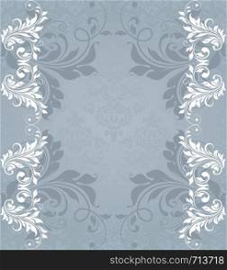 Vintage invitation card with ornate elegant retro abstract floral design, white and gray flowers and leaves on blue gray background with text label. Vector illustration.
