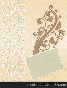 Vintage invitation card with ornate elegant retro abstract floral design, white and light brown flowers and leaves on beige background with frame text label. Vector illustration.